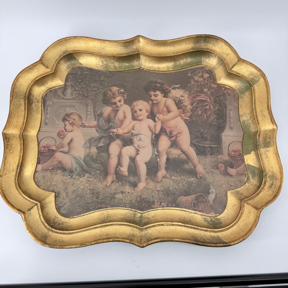 Florentine Serving Tray Home Cherub Gilt Wood Gold Green Scalloped Italian